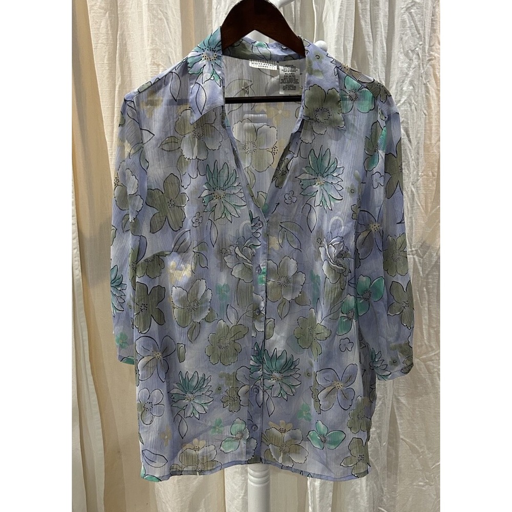 White Stag Womens 2X Sheer Button Down Top Blue Floral Lightweight Mature Travel - Picture 2 of 6